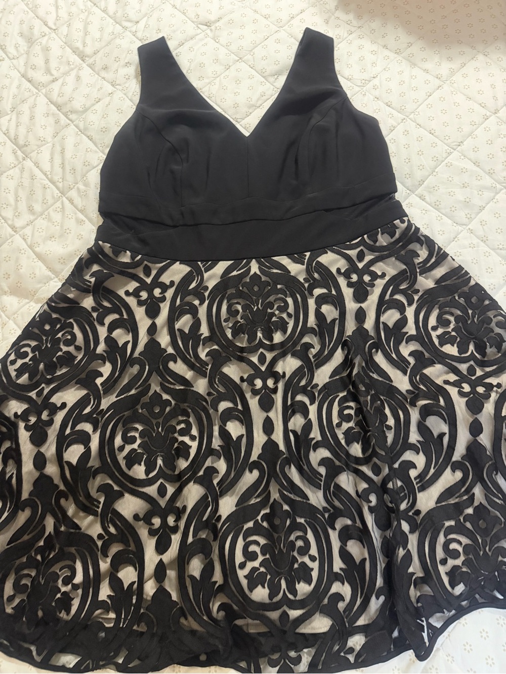 Xscape Black V-Neck Fit & Flare Dress with Baroque Lace Skirt